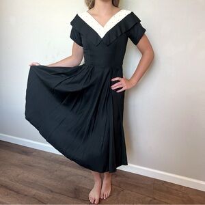 Vintage 50s Black Rhinestone Cocktail Dress Boatneck Fit Flare Rockabilly Swing